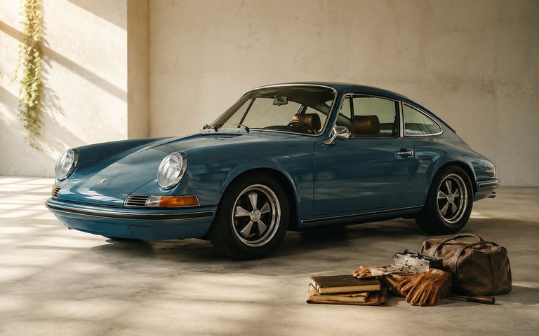 A blue classic Porsche 911 parked in a quiet, sunlit concrete studio, with a leather bag, driving gloves and a small set of tools resting on the floor beside it.